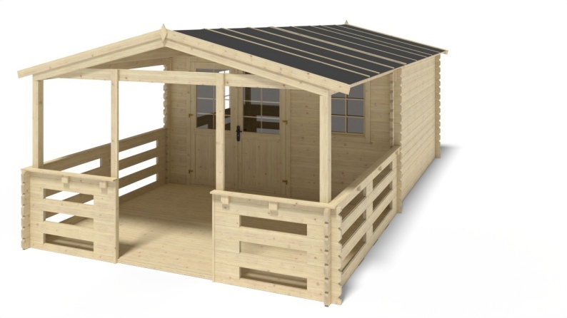 Abri de jardin en bois - 4x4 m + terrasse avec balustrade et avant-toit en bois - 28 m2