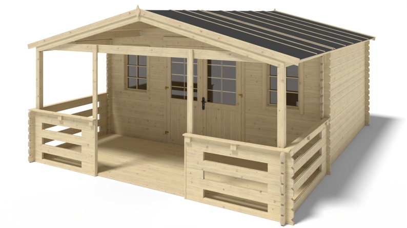 Abri de jardin en bois - 5x4 m + terrasse avec balustrade et avant-toit en bois - 30 m2