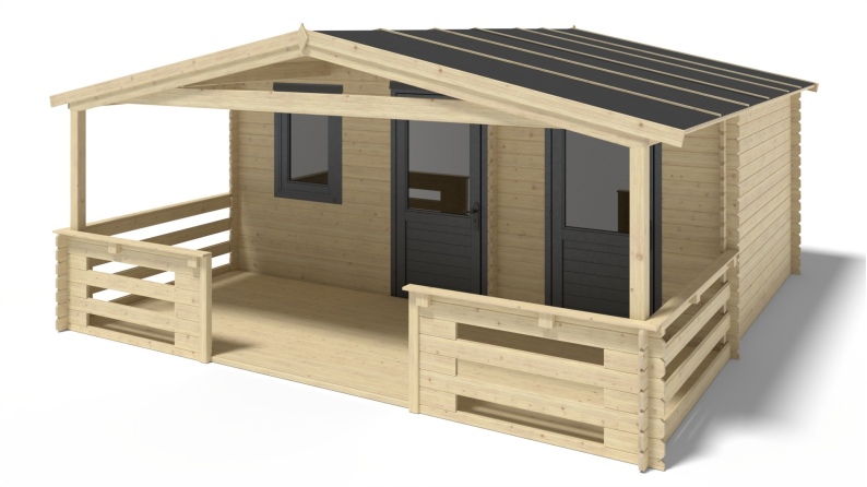 Abri de jardin en bois - 5x3 m + terrasse avec balustrade et avant-toit en bois - 25 m2