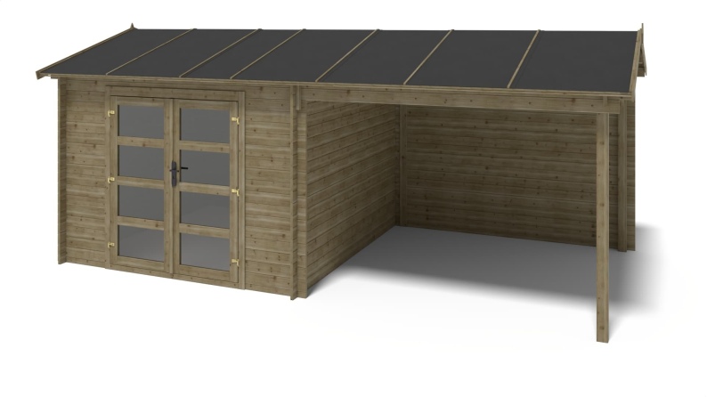 Abri de jardin en bois - 17,40m2 - 5,79x3m - Traité - Ep. 28mm - Couleur: vert