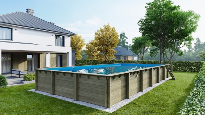 Piscine en bois - 12,20x6,20 x H.1,44 m - avec filtration et coffre de filtration