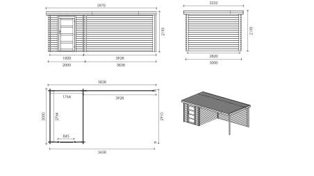 Abri de jardin en bois - 6m2 - 5,84x3m - Traité - Ep. 28mm - Couleur: gris