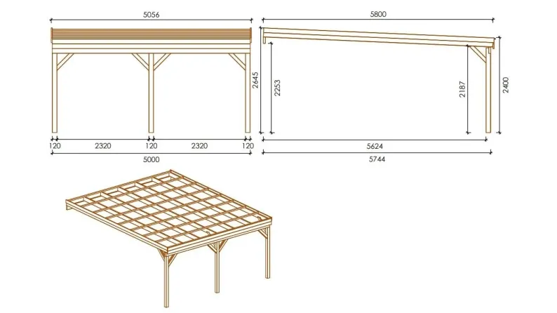 Carport, abri de voiture  5,80x5,06 m - 29 m2 - adossé 