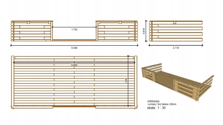 Terrasse en bois avec balustrade pour abri en bois - 10m2 - 5m x 2m - imprégnée - couleur: marron