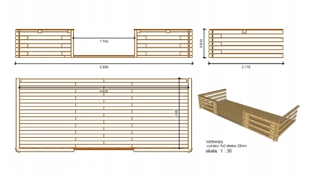 Terrasse en bois avec balustrade pour abri en bois - 10m2 - 5m x 2m - couleur: naturel