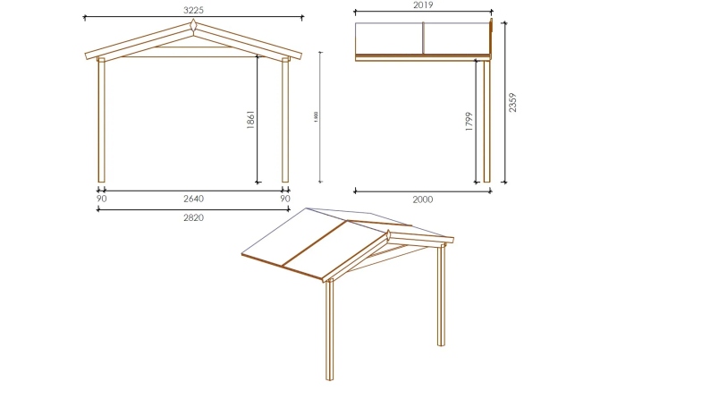 Avant-toit en bois 3x2m pour le chalet de jardin 3m, traité, marron