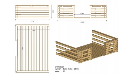 Terrasse en bois avec balustrade pour abri en bois - 6m2 - 3m x 2m - couleur: naturel