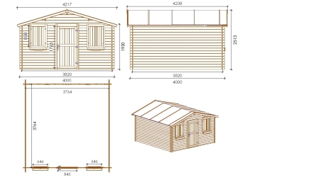 Abri de jardin en bois - 16m2 - 4x4m - Traité - Ep. 28mm - Couleur: marron