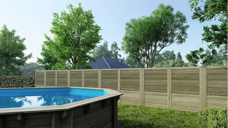 Clôture, panneaux bois persiennés, ensemble - imprégné en vert