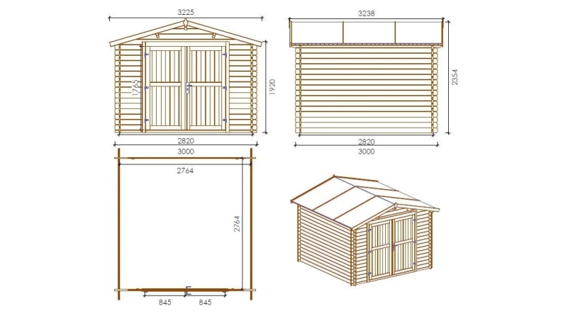 Abri de jardin en bois - 9m2 - 3x3m - Ep. 28mm - Couleur: naturel