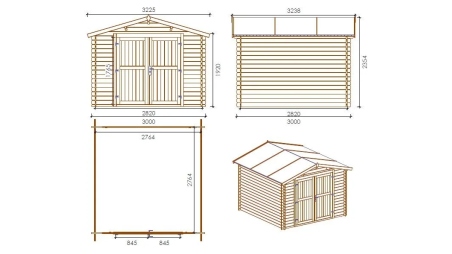 Abri de jardin en bois - 9m2 - 3x3m - Ep. 28mm - Couleur: naturel
