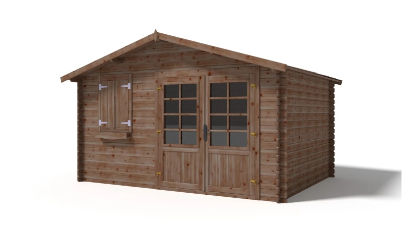 Abri de jardin en bois - 4x3 m + terrasse avec balustrade et avant-toit en bois - 24 m2 - Traité