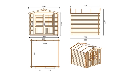 Abri de jardin en bois - 6,25m2 - 2,50x2,50m - Ep. 28mm - Couleur: naturel