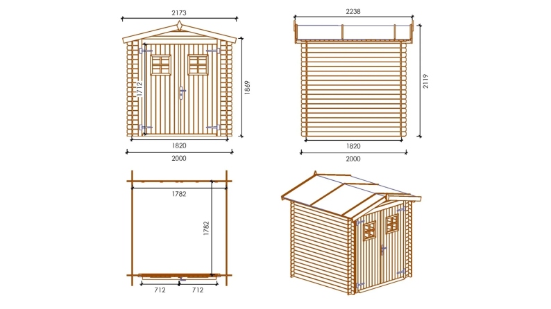 Abri de jardin en bois - 4m2 - 2x2m - Ep. 19mm - Couleur: naturel