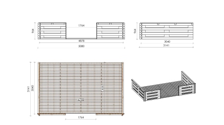 Terrasse en bois avec balustrade pour abri en bois - 15m2 - 5m x 3m - couleur: naturel