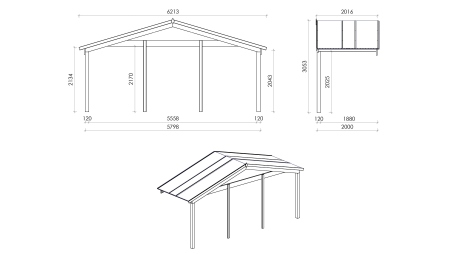 Avant-toit en bois 6x2m pour le chalet de jardin 6m, couleur naturel