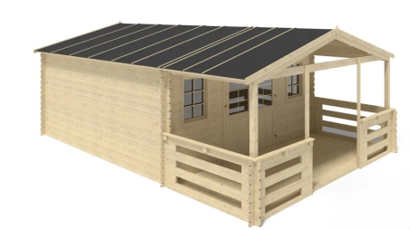 Abri de jardin en bois - 5x5 m + terrasse avec balustrade et avant-toit en bois - 35 m2