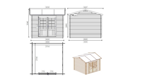Abri de jardin en bois - 9m2 - 3x3m - Traité - Ep. 28mm - Couleur: marron