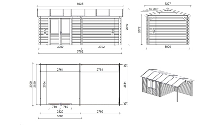 Abri de jardin en bois - 17,40m2 - 5,79x3m - Ep. 28mm - Couleur: naturel