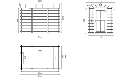 Abri de jardin en bois - 5,70m2 - 1,90x3m - Ep. 28mm - Couleur: naturel