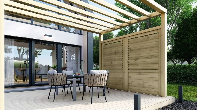 Clôture, panneaux bois persiennés, ensemble - imprégné en brun