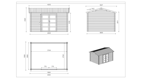 Abri de jardin en bois - 12m2 - 4x3m - Traité - Ep. 28mm - Couleur: marron