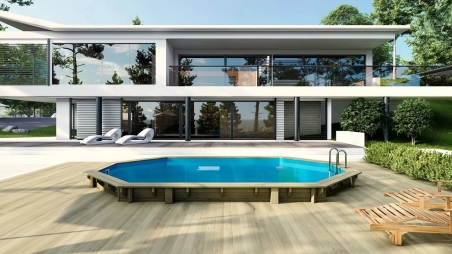 Piscine en bois 6,57x4,07 - H.1,20 m fixations à sceller