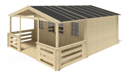 Abri de jardin en bois - 5x4 m + terrasse avec balustrade et avant-toit en bois - 30 m2