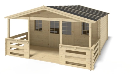 Abri de jardin en bois - 5x4 m + terrasse avec balustrade et avant-toit en bois - 30 m2
