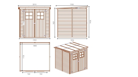 Abri de jardin en bois 3,42 m2 - 1,90x1,80 m - traité - Couleur: vert