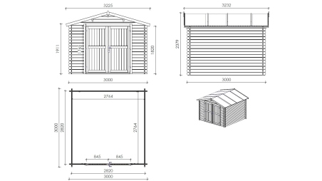 Abri de jardin en bois - 9m2 - 3x3m - Traité - Ep. 28mm - Couleur: vert