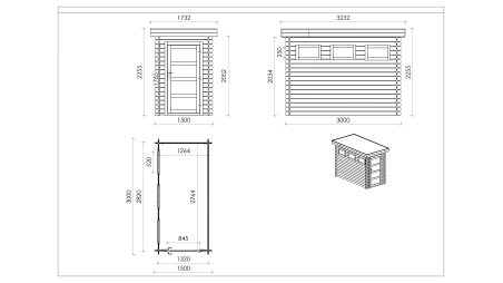 Abri de jardin en bois - 4.5m2 - 1.5x3m - Traité - Ep. 28mm - Couleur: marron
