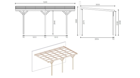 Carport, abri de voiture  3x5,24 m - 15 m2 - couverture PVC 