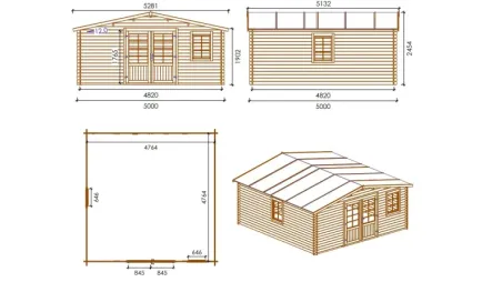 Abri de jardin en bois - 25m2 - 5x5m - Ep. 28mm - Couleur: naturel