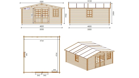Abri de jardin en bois - 25m2 - 5x5m - Traité - Ep. 28mm - Couleur: marron