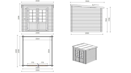 Abri de jardin en bois - 6,25m2 - 2,50x2,50m - Traité - Ep. 28mm - Couleur: vert