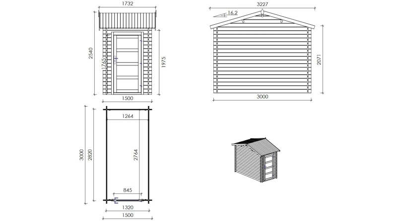 Abri de jardin en bois - 1.5x3 m avec extension de 1.5x2.76 m - 4.5 m² - Traité