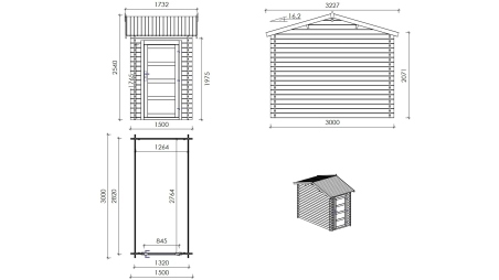 Abri de jardin en bois – 1,50x3 m avec extension de 1,50x2,76 m - 4,50 m² – Traité