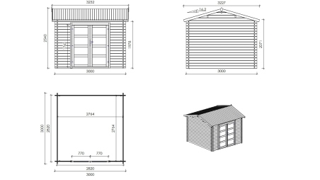 Abri de jardin en bois – 3x3 m avec extension de 3x2,76 m - 9 m² – Traité