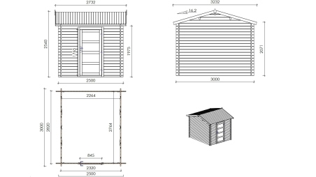 Abri de jardin en bois - 2.5x3 m avec extension de 2.5x2.76 m - 7.5 m² - Traité