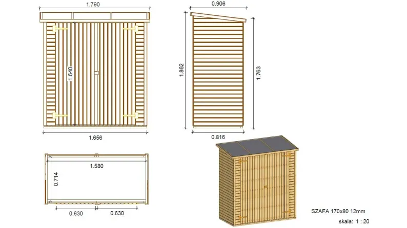 Armoire de jardin à outils 1,66x0,82 m H.1,86 - avec plancher et paroi arrière