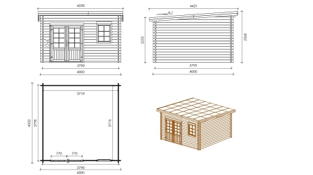 Abri de jardin en bois - 16m2 - 4x4m - Traité - Ep. 40mm - Couleur: vert