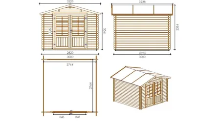Abri de jardin en bois - 9m2 - 3x3m - Traité - Ep. 28mm - Couleur: marron