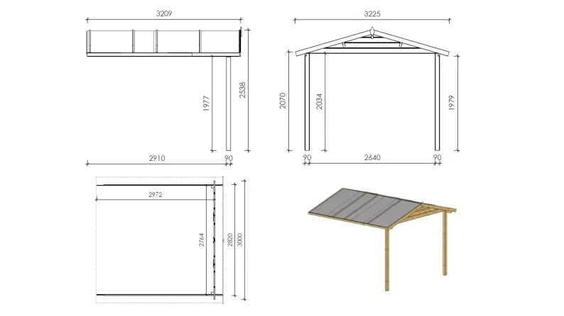 Avant-toit en bois 3x3m pour le chalet de jardin 3m, couleur naturel