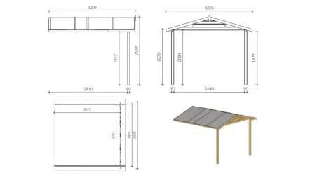 Avant-toit en bois 3x3m pour le chalet de jardin 3m, couleur naturel