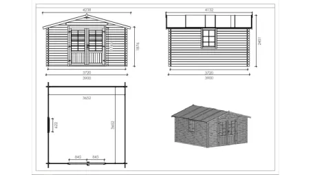 Abri de jardin en bois - 15,20m2 - 3,90x3,90m - Traité - Ep. 34mm - Couleur: marron