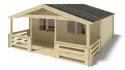 Abri de jardin en bois - 6x5 m + terrasse avec balustrade et avant-toit en bois - 42 m2