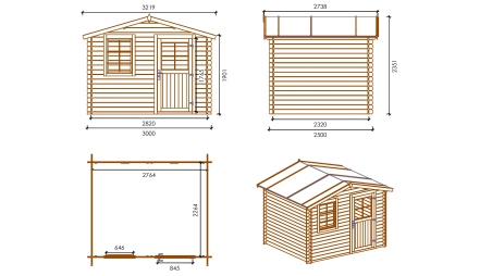 Abri de jardin en bois - 3x2,50 m + terrasse avec balustrade et avant-toit en bois - 16,50 m2
