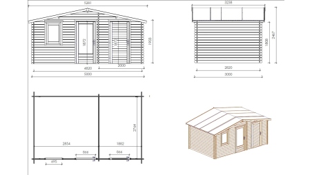 Abri de jardin en bois - 15m2 - 5x3m - Ep. 28mm - Couleur: naturel