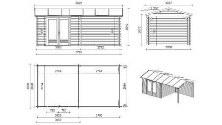 Abri de jardin en bois - 17,40m2 - 5,79x3m - Ep. 28mm - Couleur: naturel